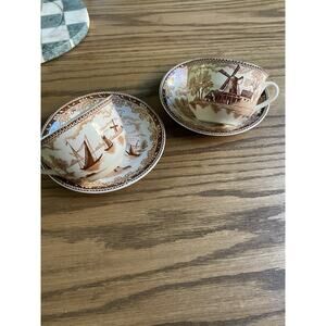 Vintage Brown Transfer Ware Teacups And Saucers Holland Windmill Japan Set Of 2
